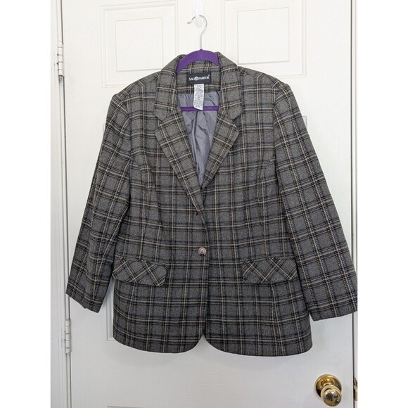 Sag Harbor Blazer Jacket Womens 16 Gray Blue Brown Plaid Wool Blend Lined Pocket - Picture 1 of 9